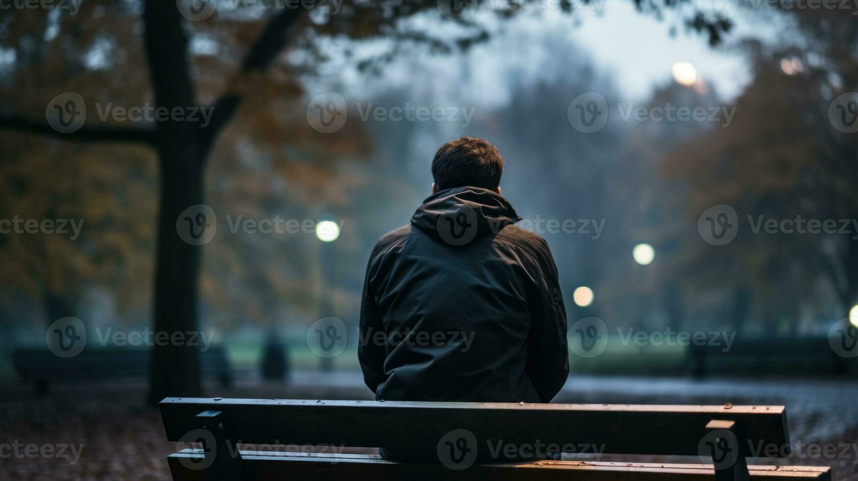 ai gegenereerd een persoon zittend Aan een bank in regenachtig weer tegen een stad visie generatief ai foto