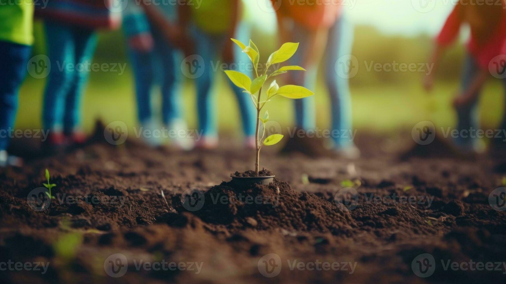 ai gegenereerd kinderen aanplant een boom in de grond. generatief ai foto