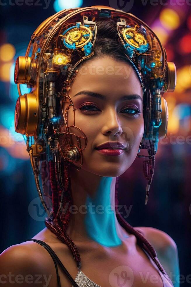 ai gegenereerd vrouw cyborg met mechanismen en draden in hoofd, digitaal technologisch net zo een achtergrond foto