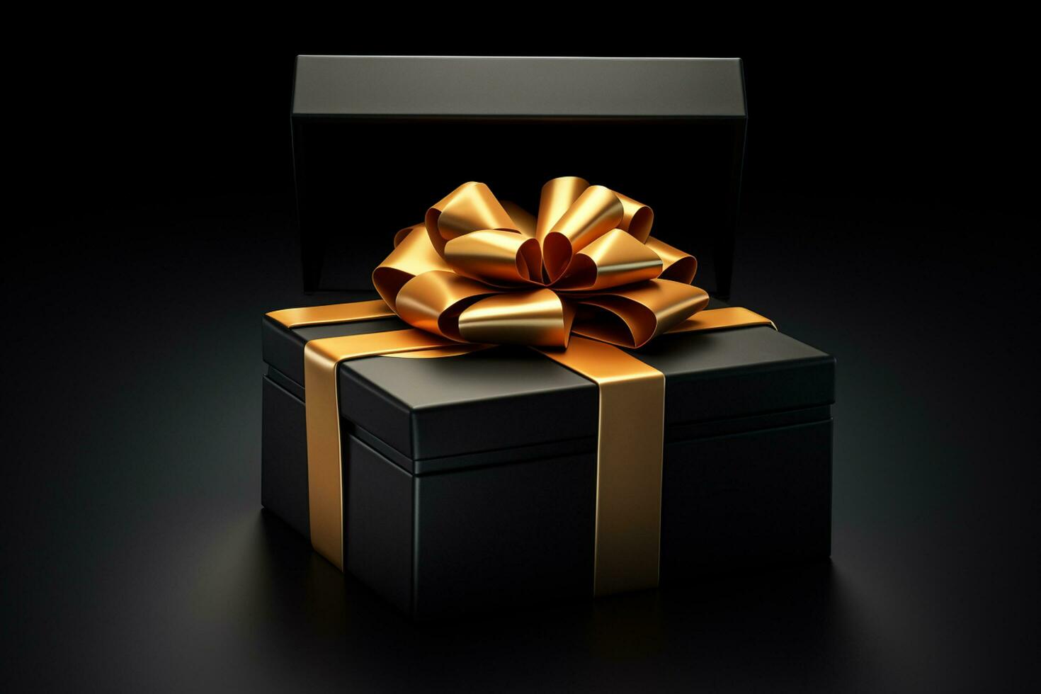 ai gegenereerd zwart geschenk doos met gouden boog Aan zwart achtergrond. 3d renderen Valentijnsdag dag generatief ai foto
