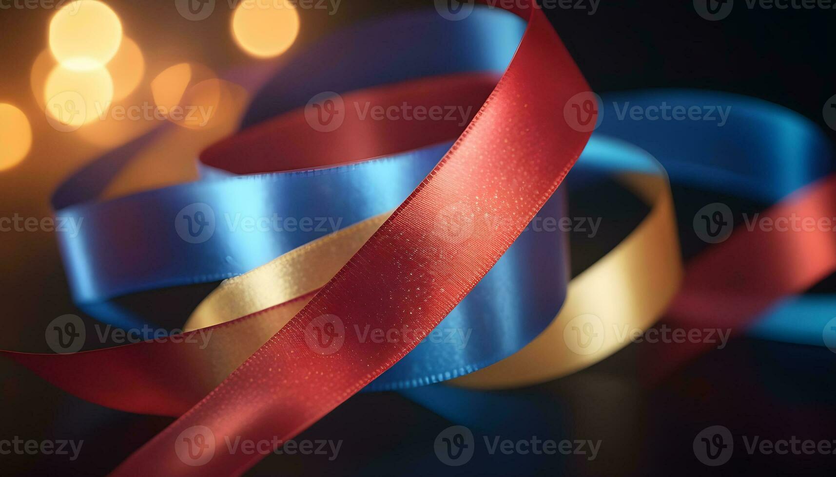 ai gegenereerd rood, blauw en goud lint Aan een zwart achtergrond foto