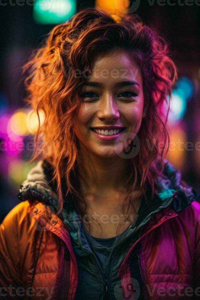 ai gegenereerd jong vrouw met kleurrijk haar- in neon lichten foto