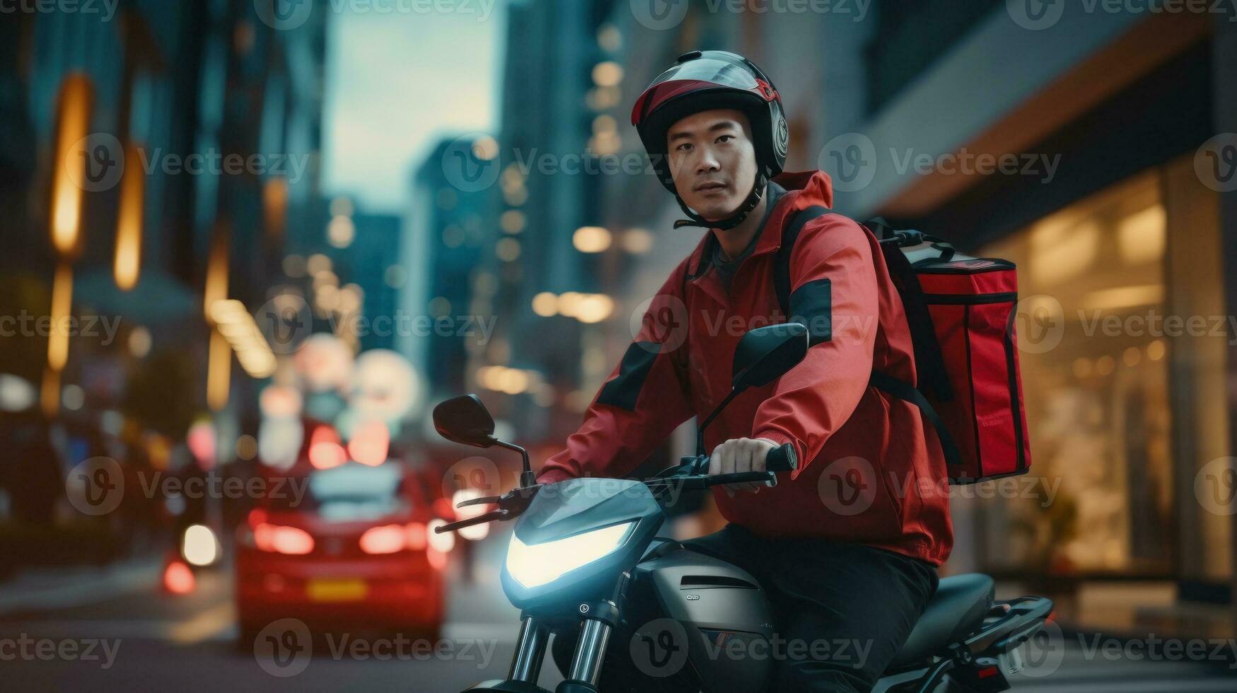 ai gegenereerd Aziatisch motorfiets koerier maken leveringen Aan stad straten. generatief ai foto