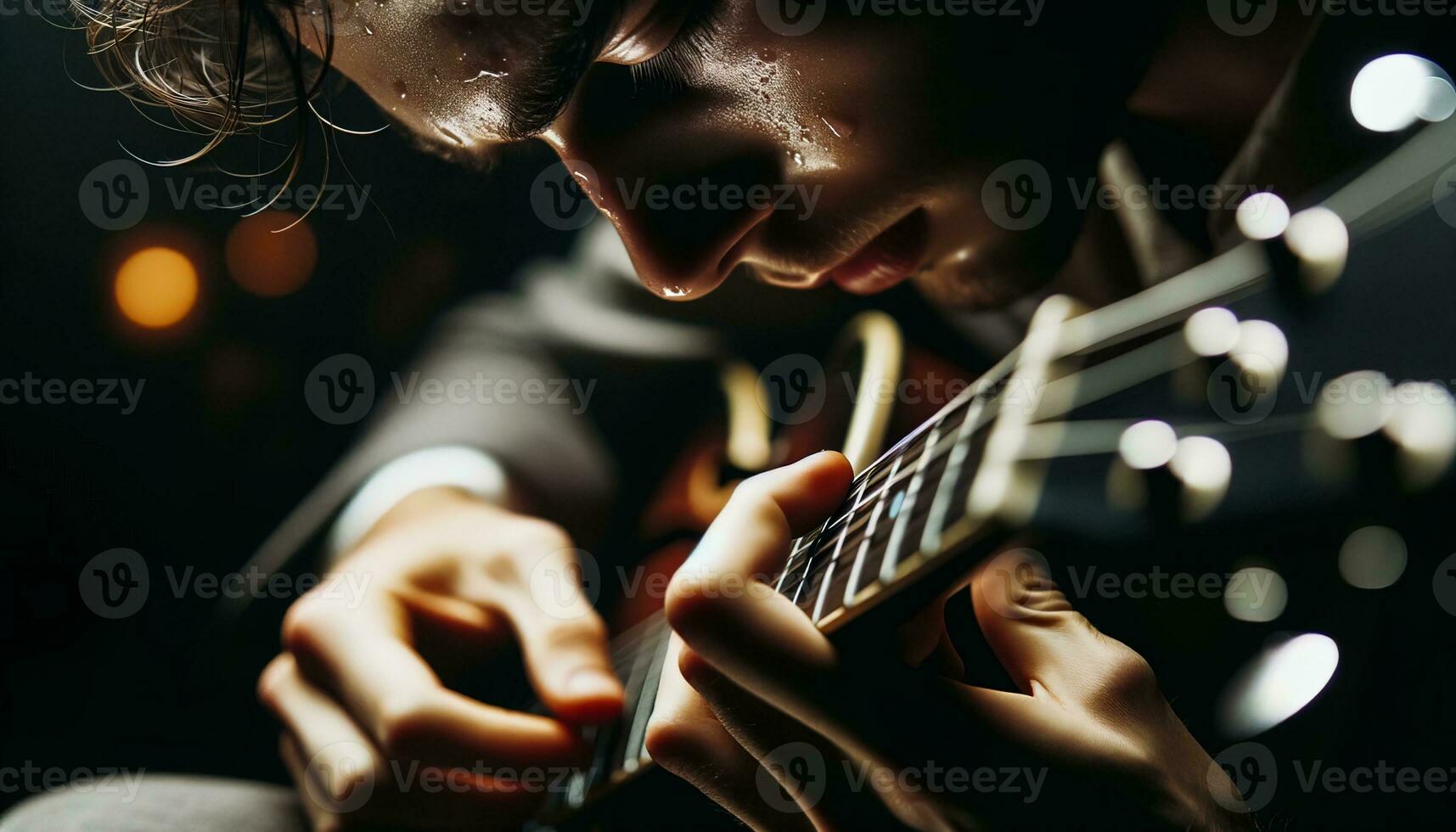 ai gegenereerd een musicus tokkelt een elektrisch gitaar, vingers in beweging snel over- de snaren. generatief ai foto