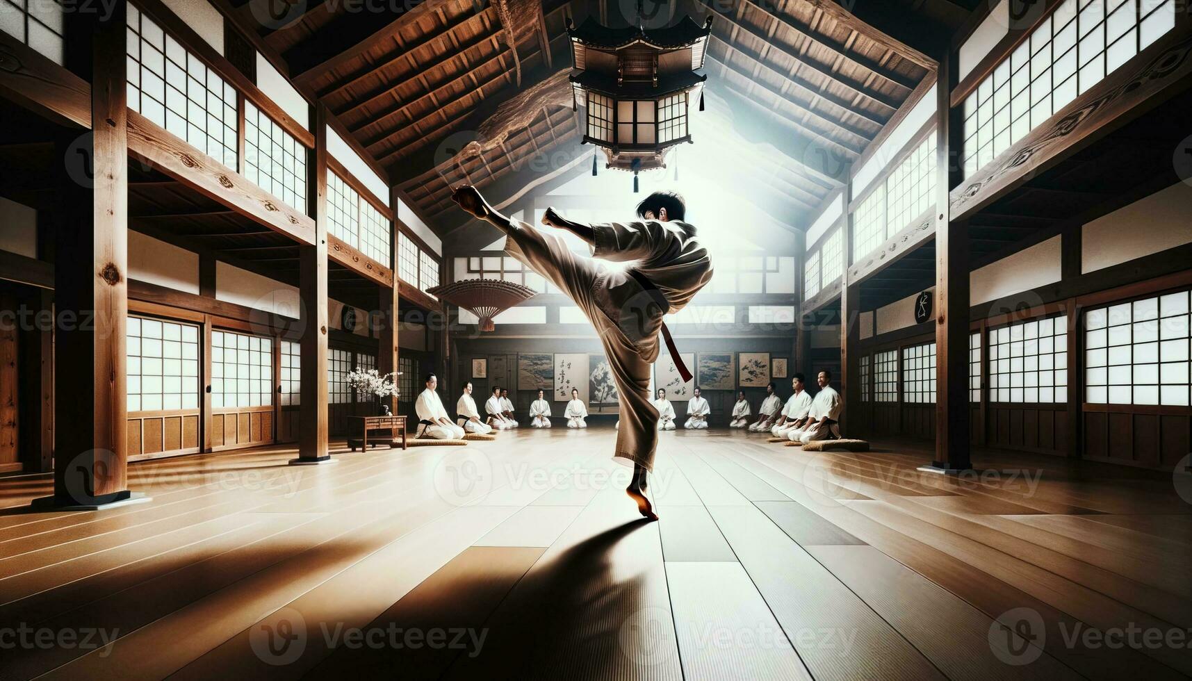 ai gegenereerd een Mens in een karate kleding het uitvoeren van een hoog trap met gefocust bepaling en precisie. generatief ai foto