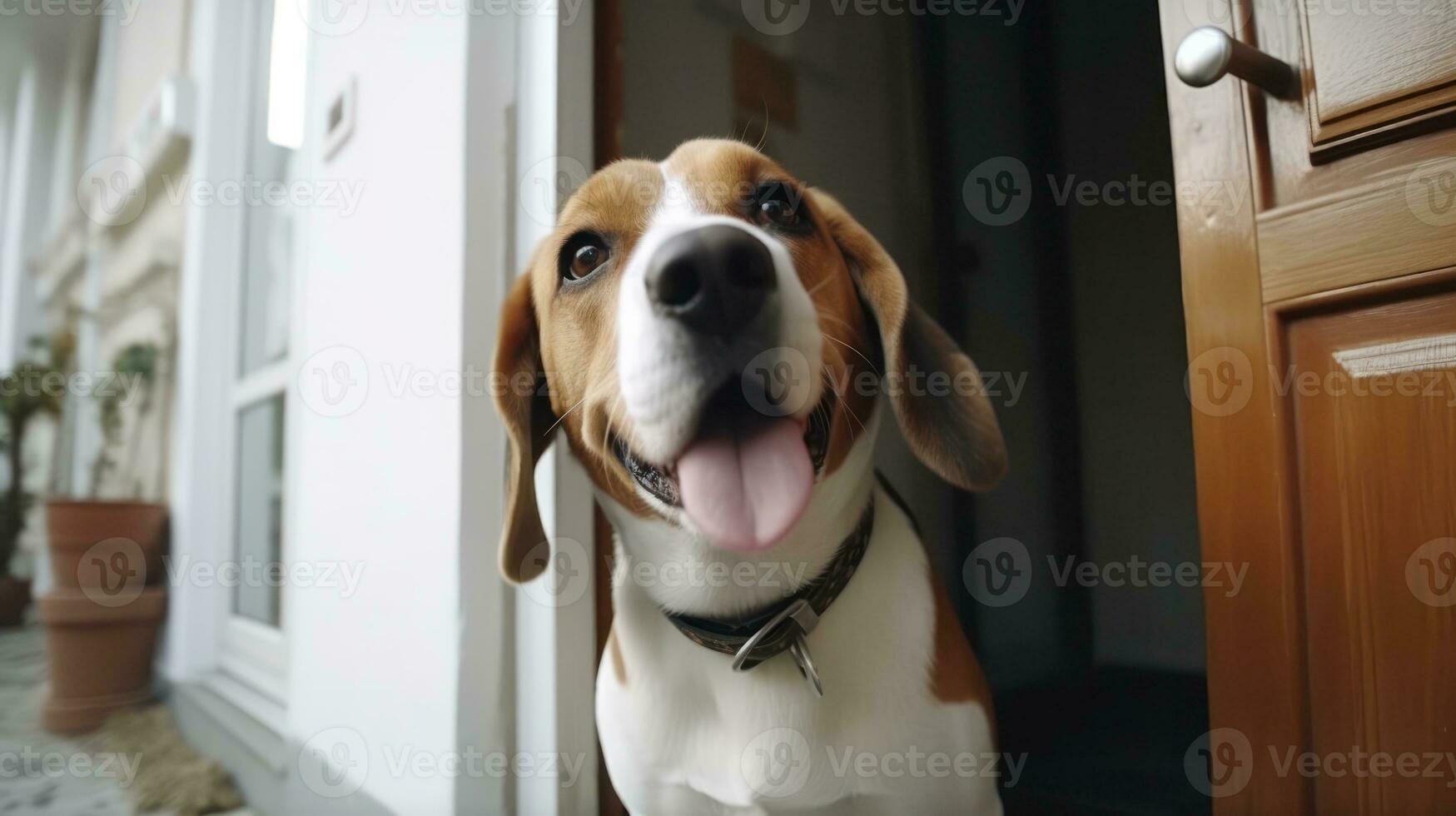 ai gegenereerd een hond staand in voorkant van een deur, op zoek alert. generatief ai foto