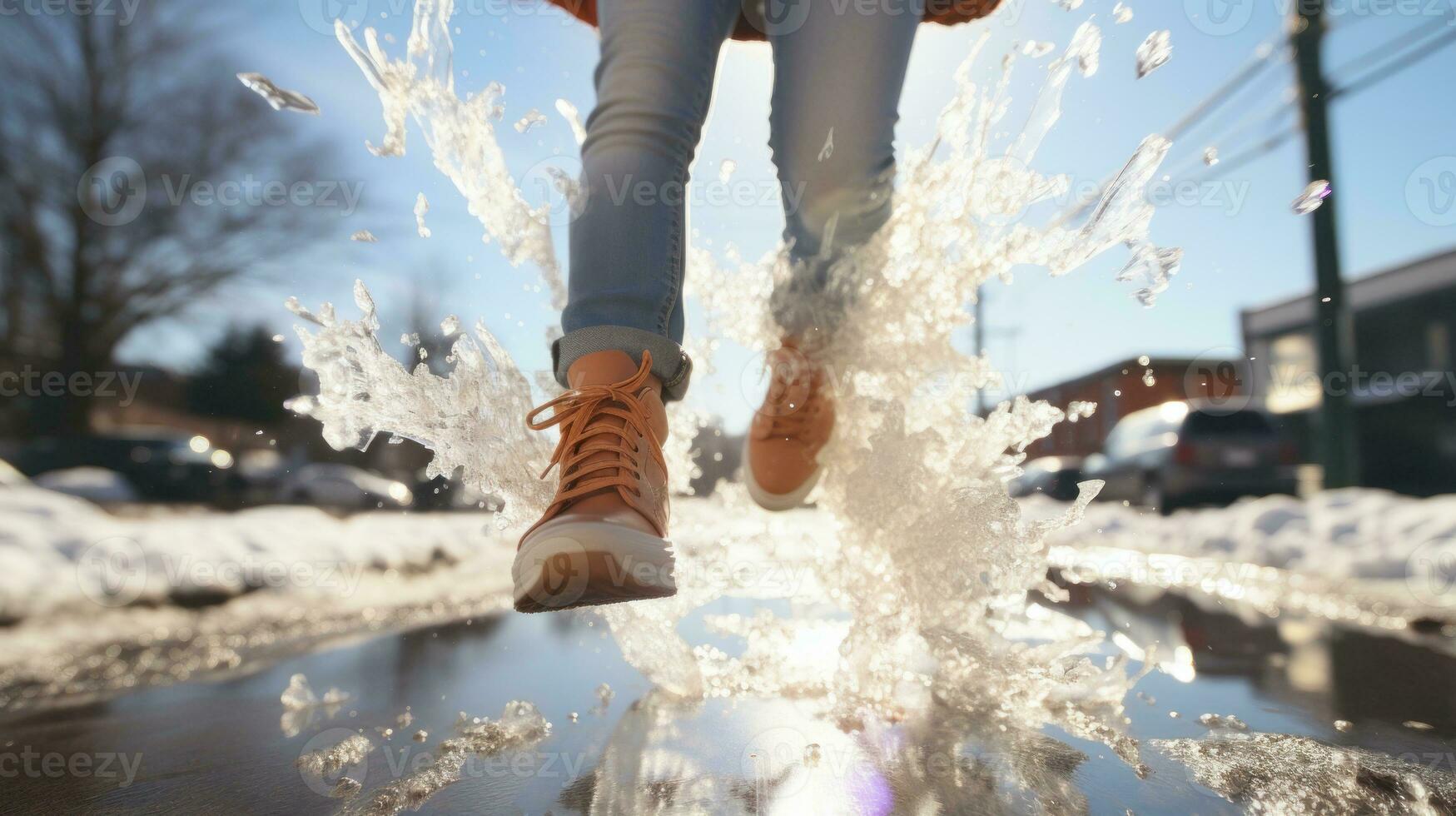 ai gegenereerd een persoon blij sprongen in een water plas, spatten water overal, gedurende de winter seizoen. generatief ai foto