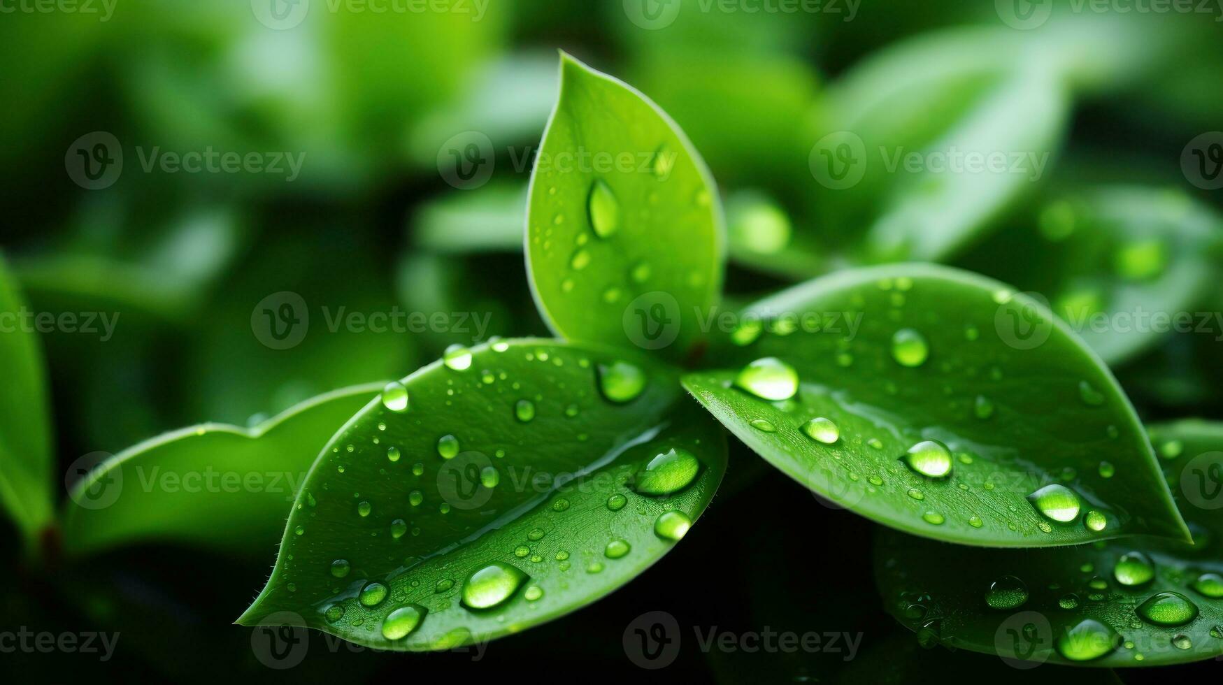ai gegenereerd groen bladeren met water druppels glinsterend in de zonlicht, presentatie van van de natuur schoonheid en versheid. generatief ai foto