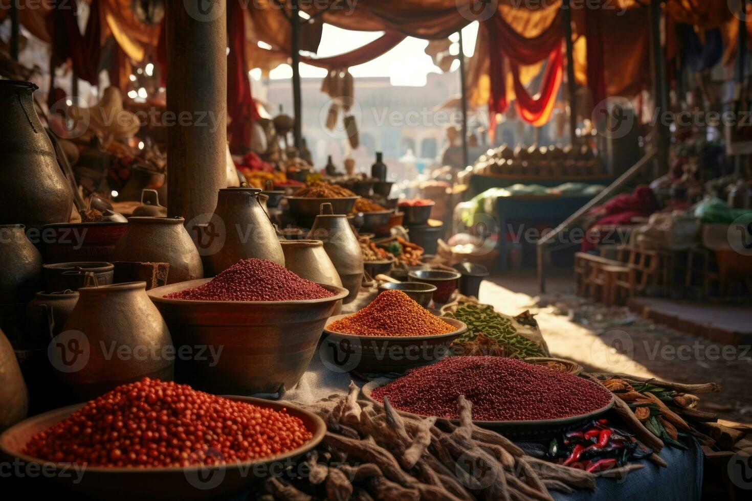 ai gegenereerd reizen Arabisch ingrediënt kruid Marokko winkel op te slaan bazaar souk uitverkoop kerrie markt voedsel foto