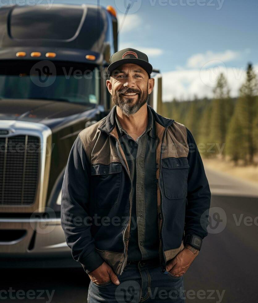 ai gegenereerd baan Mens voertuig bestuurder vracht bezetting cabine aanhangwagen mannetje volwassen persoon vrachtauto vrachtwagen foto