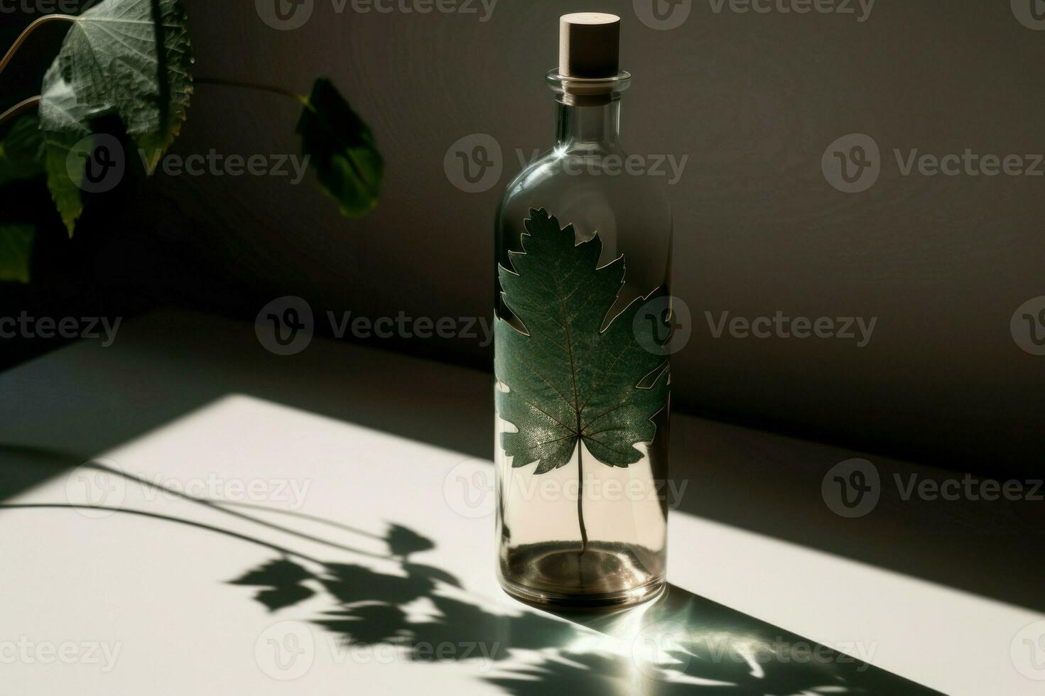 ai gegenereerd fles met blad decoratie in zonlicht. genereren ai foto