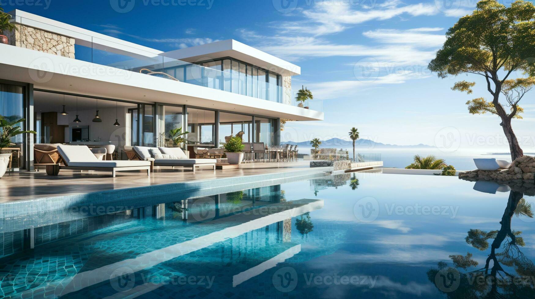 ai gegenereerd luxe modern huis met een panoramisch visie, oneindigheid zwembad, en elegant buitenshuis meubilair Aan een zonnig dag. foto