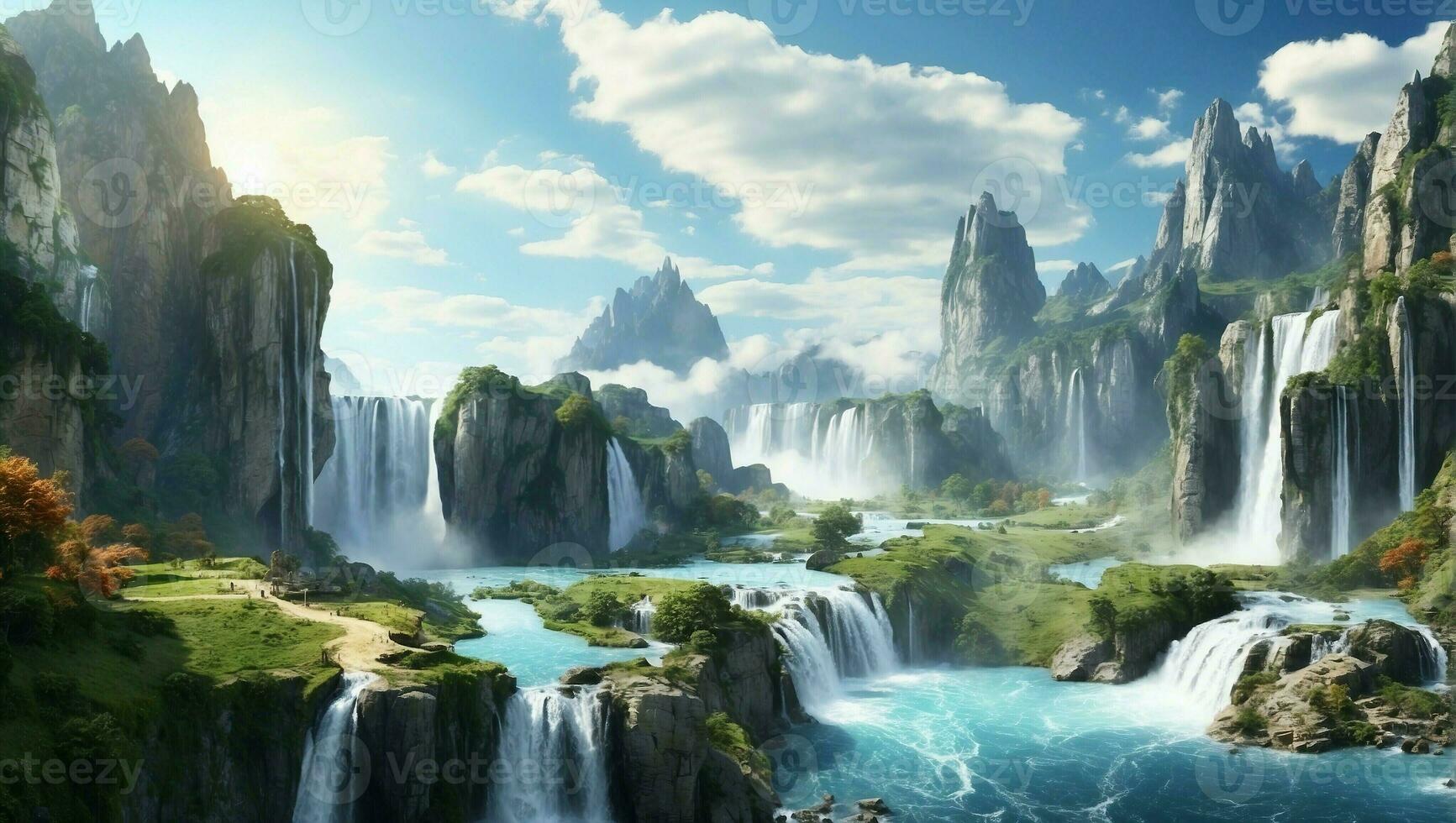 ai gegenereerd panoramisch landschap met een mooi waterval in een toneel- natuur milieu foto