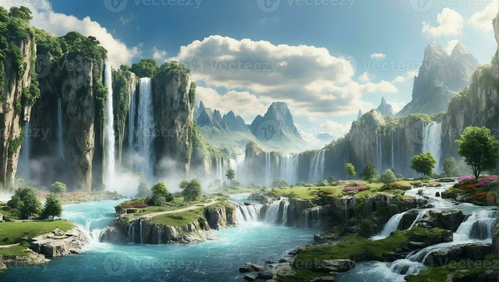 ai gegenereerd panoramisch landschap met een mooi waterval in een toneel- natuur milieu foto