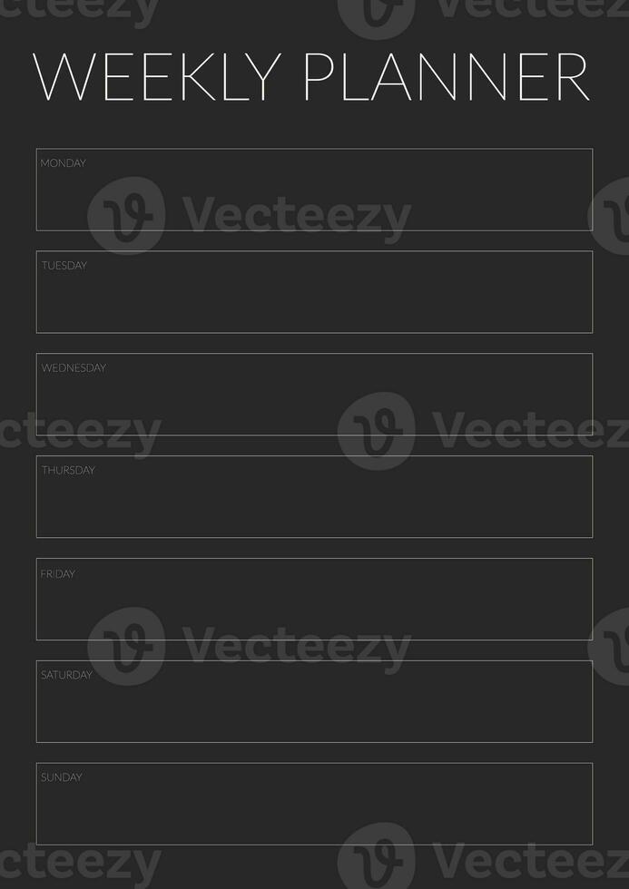 zwart wekelijks ontwerper notitieboekje bladzijde. modern bedrijf organisator met aantekeningen en doelen. schema bladzijde sjabloon. wekelijks ontwerper bladzijde. foto