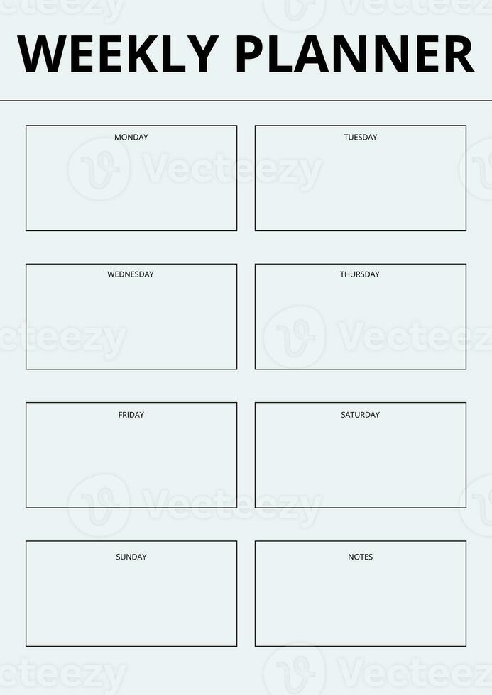 wekelijks ontwerper notitieboekje bladzijde. modern bedrijf organisator met aantekeningen en doelen. schema bladzijde sjabloon. wekelijks ontwerper bladzijde. foto