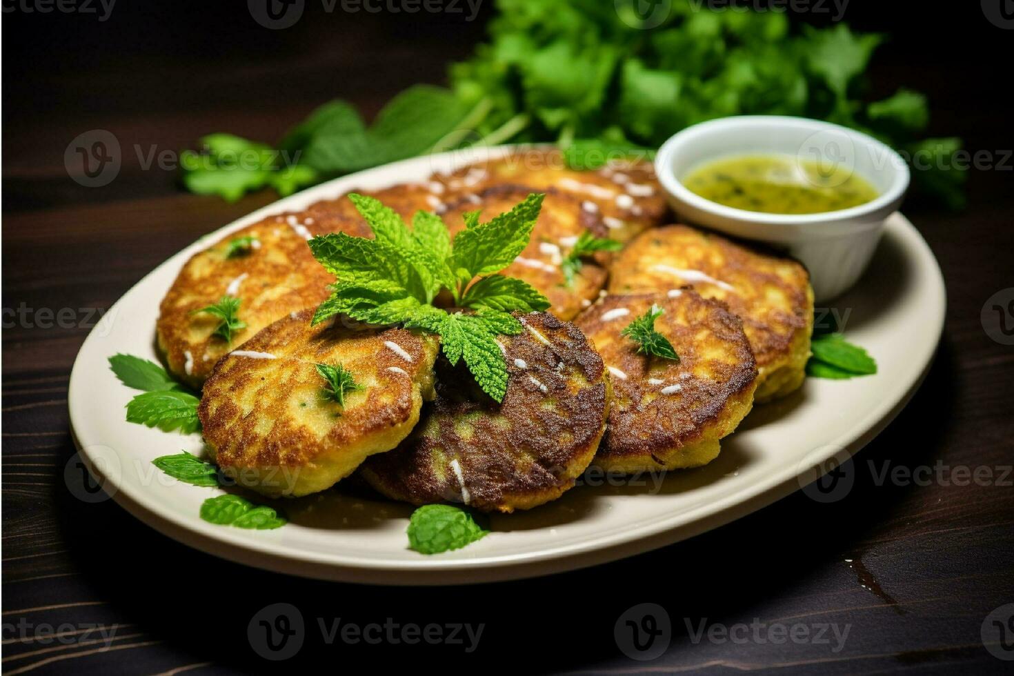 ai gegenereerd aardappel schnitzels met dille Aan een zwart bord Aan een houten tafel foto