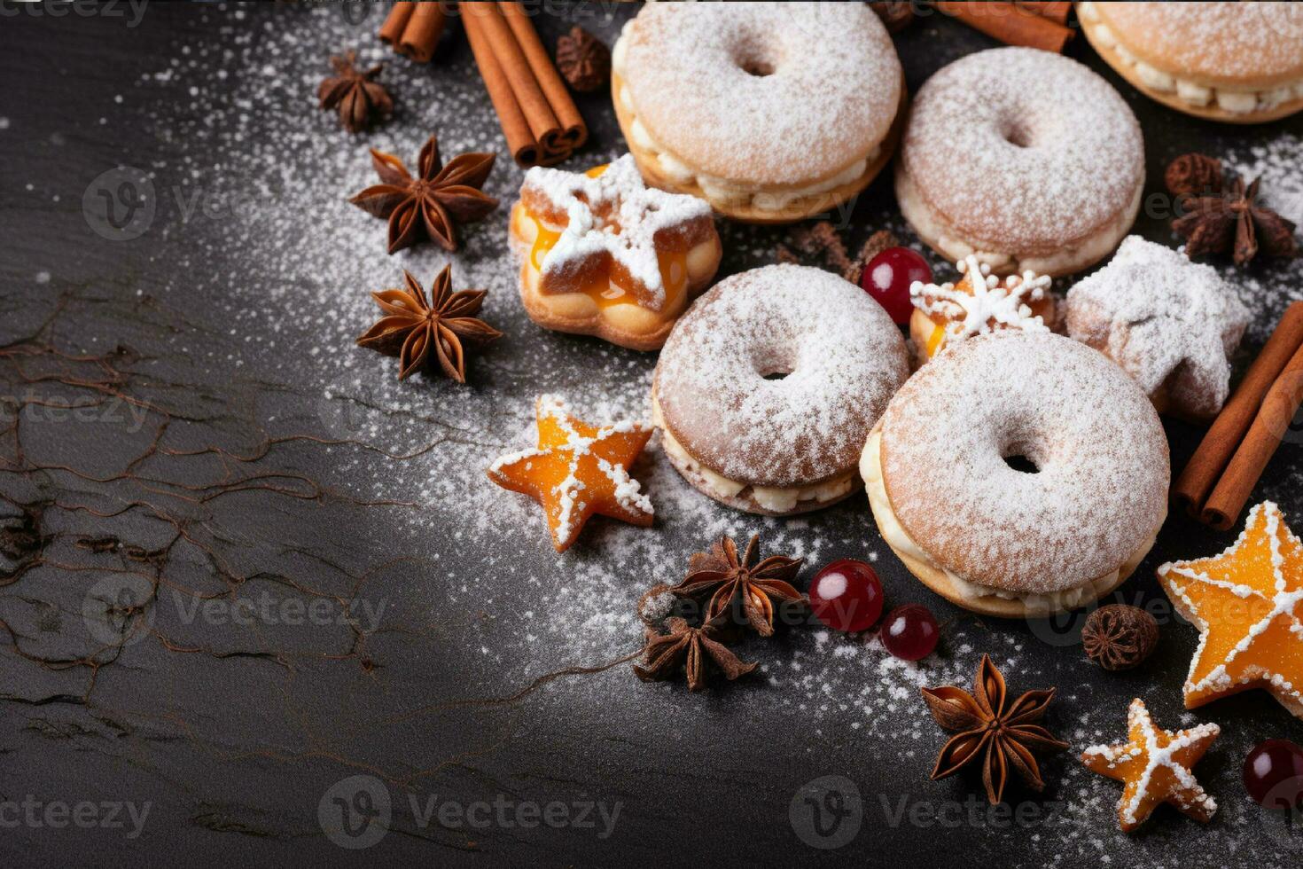 ai gegenereerd samenstelling met geassorteerd gebakjes Aan houten tafel. voedsel achtergrond. foto