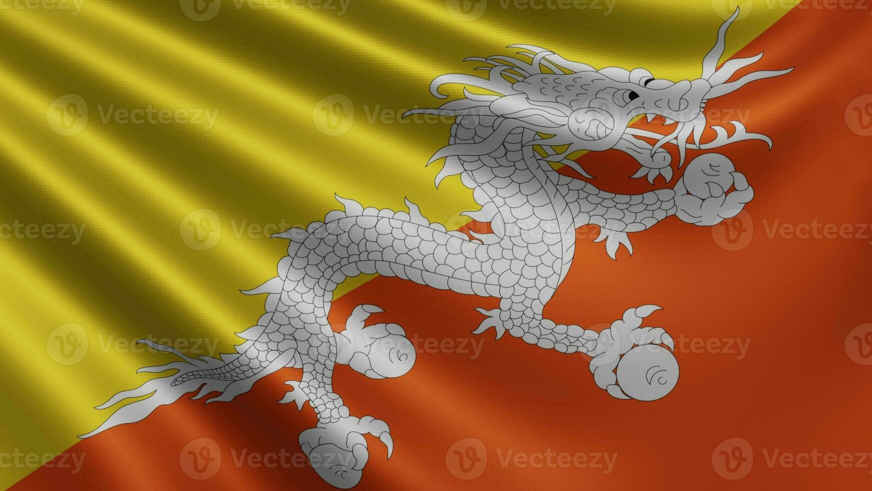 geven van de Bhutan vlag fladdert in de wind detailopname, de nationaal vlag van foto
