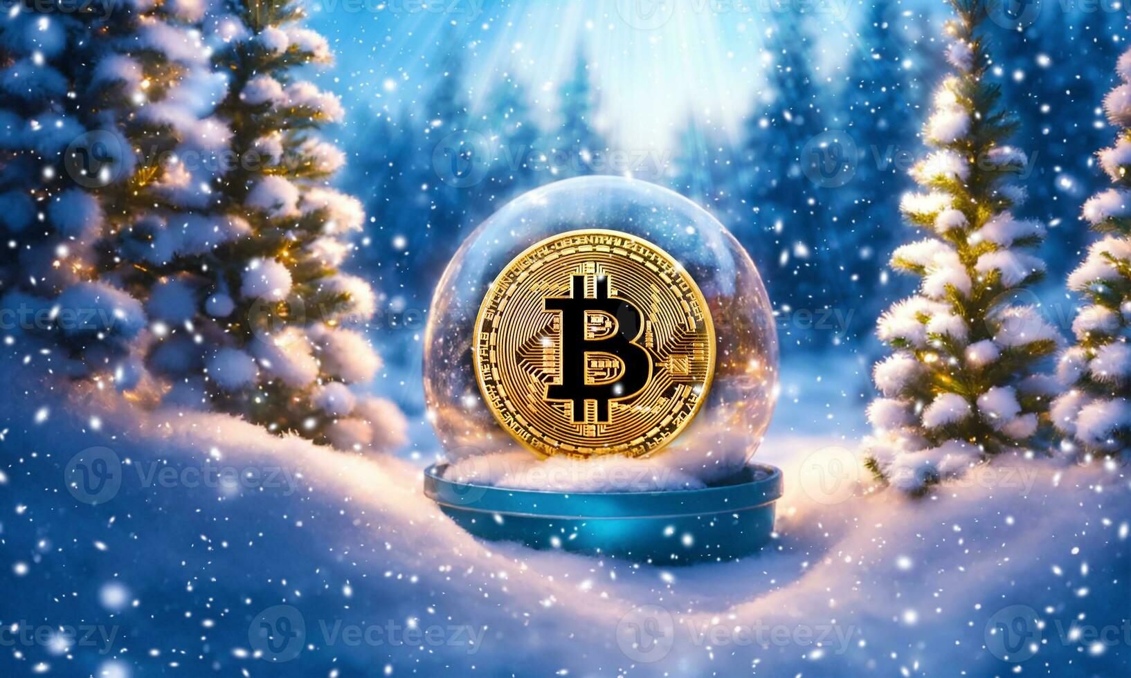 ai gegenereerd sneeuw wereldbol met gouden bitcoin Aan winter Woud achtergrond. foto