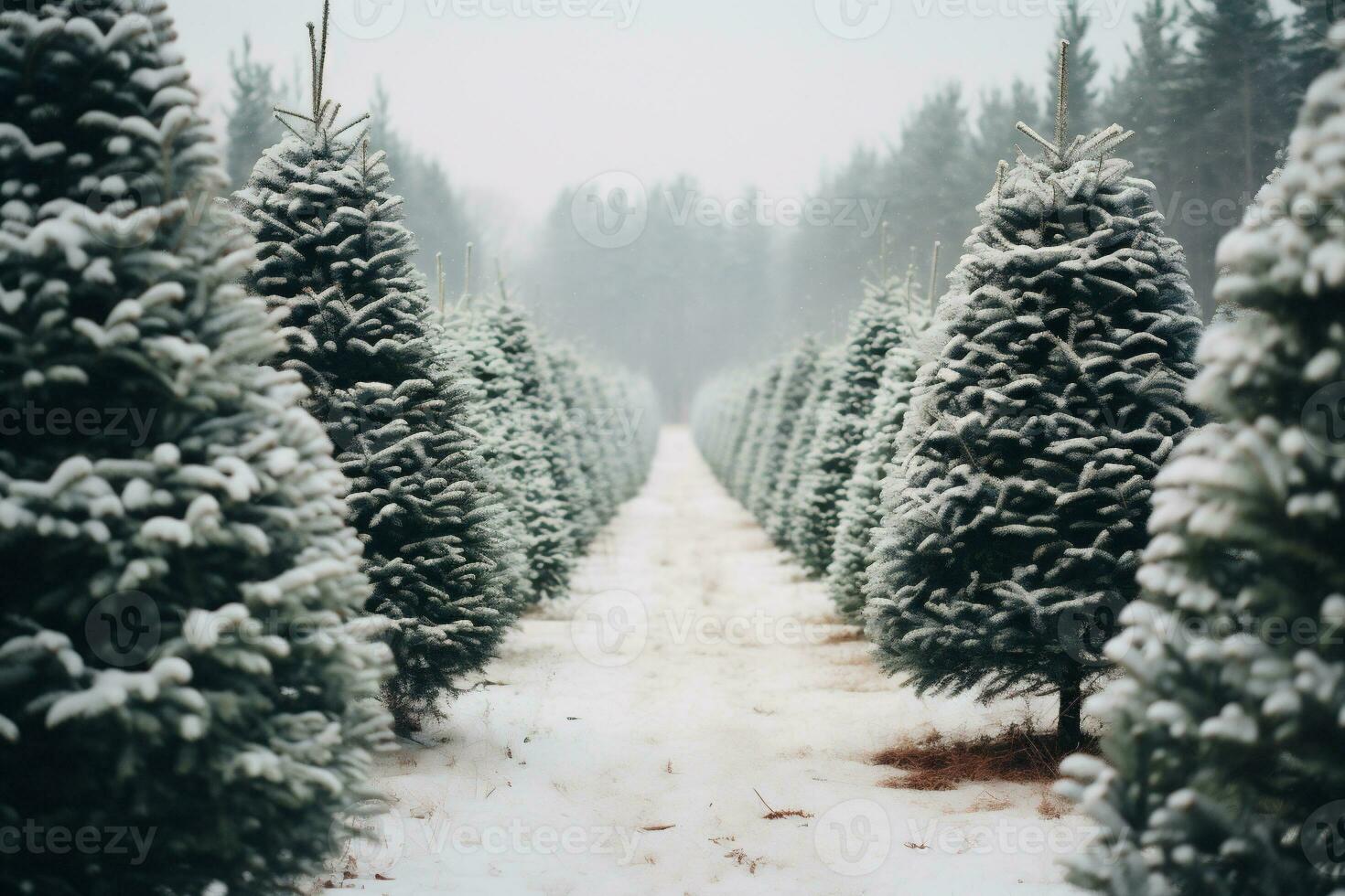 ai gegenereerd Kerstmis bomen boerderij gedekt met sneeuw. mooi winter landschap. foto