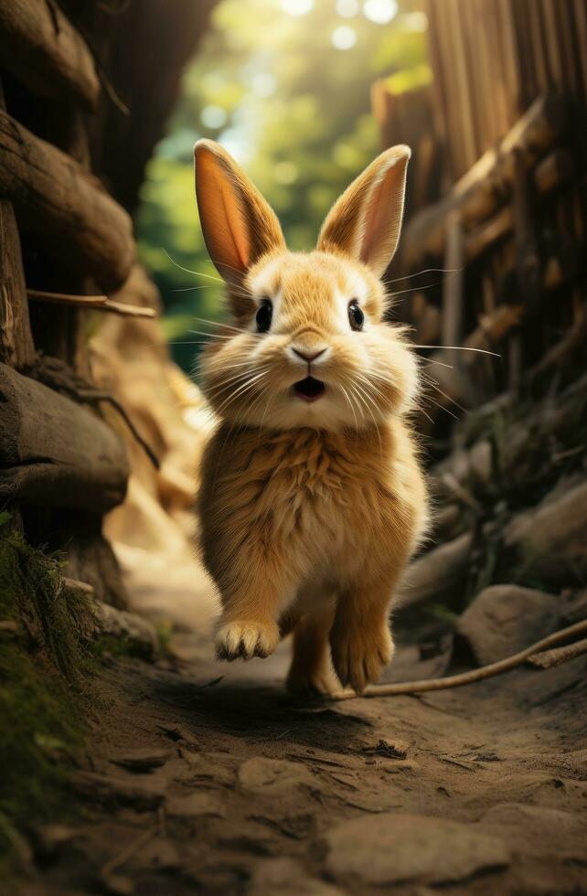 ai gegenereerd een konijn loopt langs een pad in de Woud foto