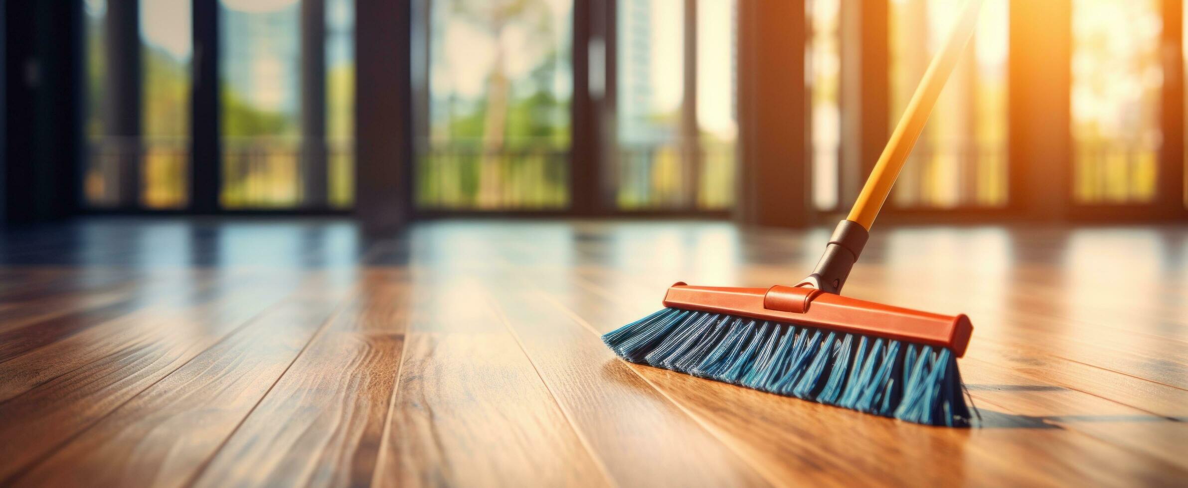 ai gegenereerd blauw ruitenwissers in voorkant van bezem Aan hardhout verdieping in leven kamer foto