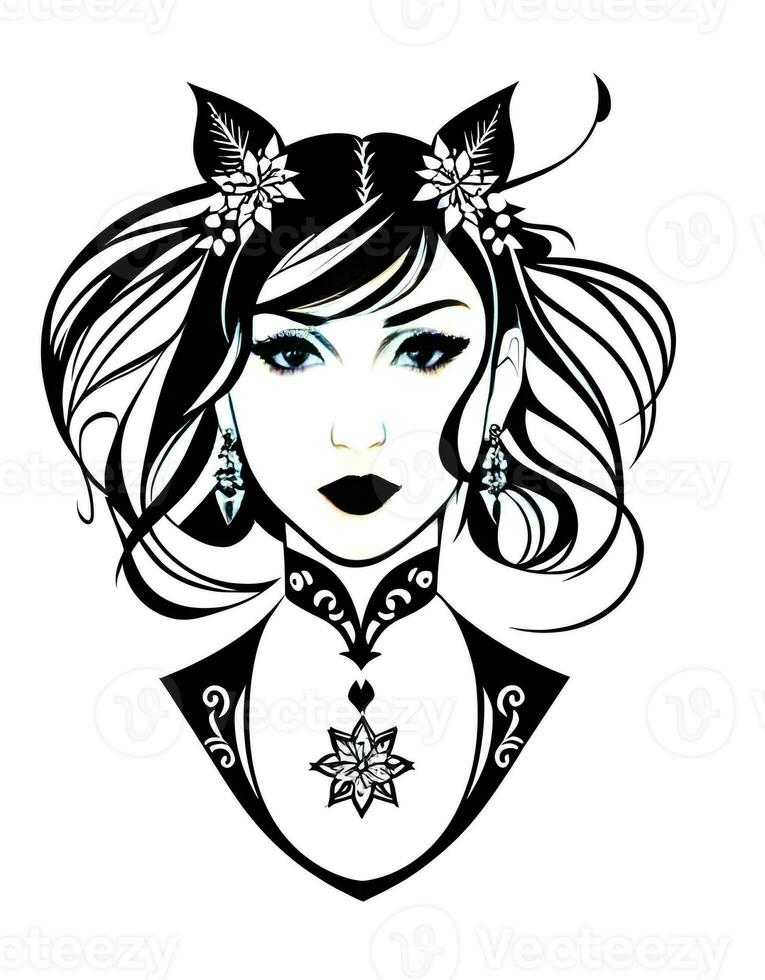 ai gegenereerd fantasie generatief ai Aan de thema van belladonna. zwart en wit portret van een sprookje vrouw in bloemen stijl. foto