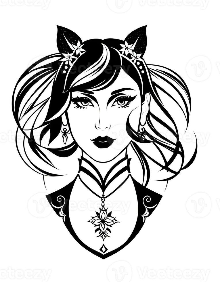 ai gegenereerd fantasie generatief ai Aan de thema van belladonna. zwart en wit portret van een sprookje vrouw in bloemen stijl. foto