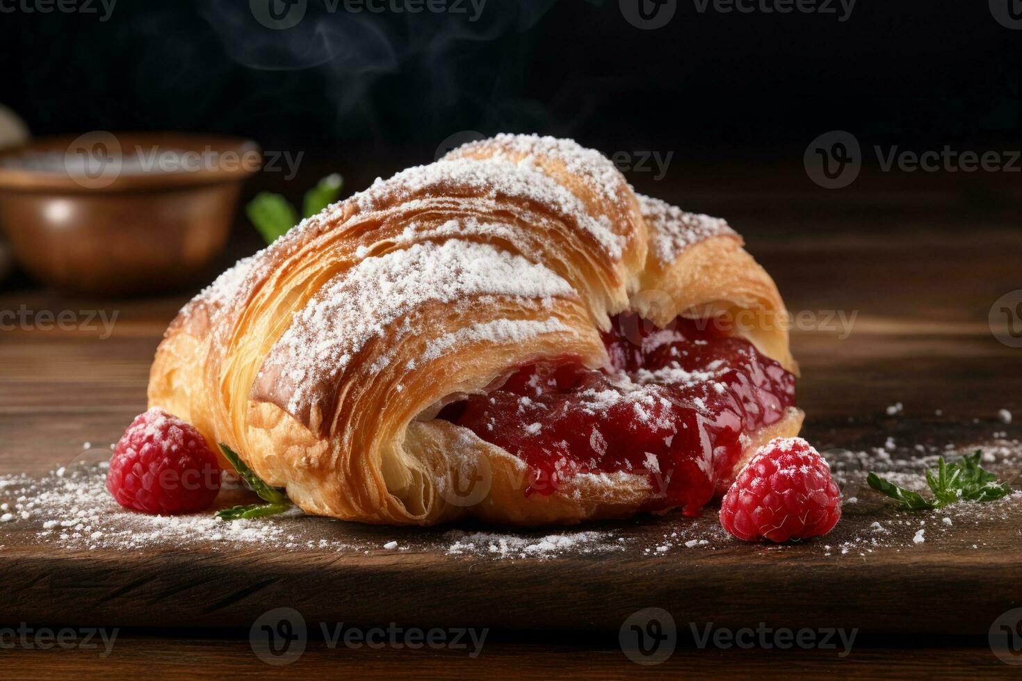 ai gegenereerd een visueel verleidelijk schot vangt een frambozengevuld croissant foto