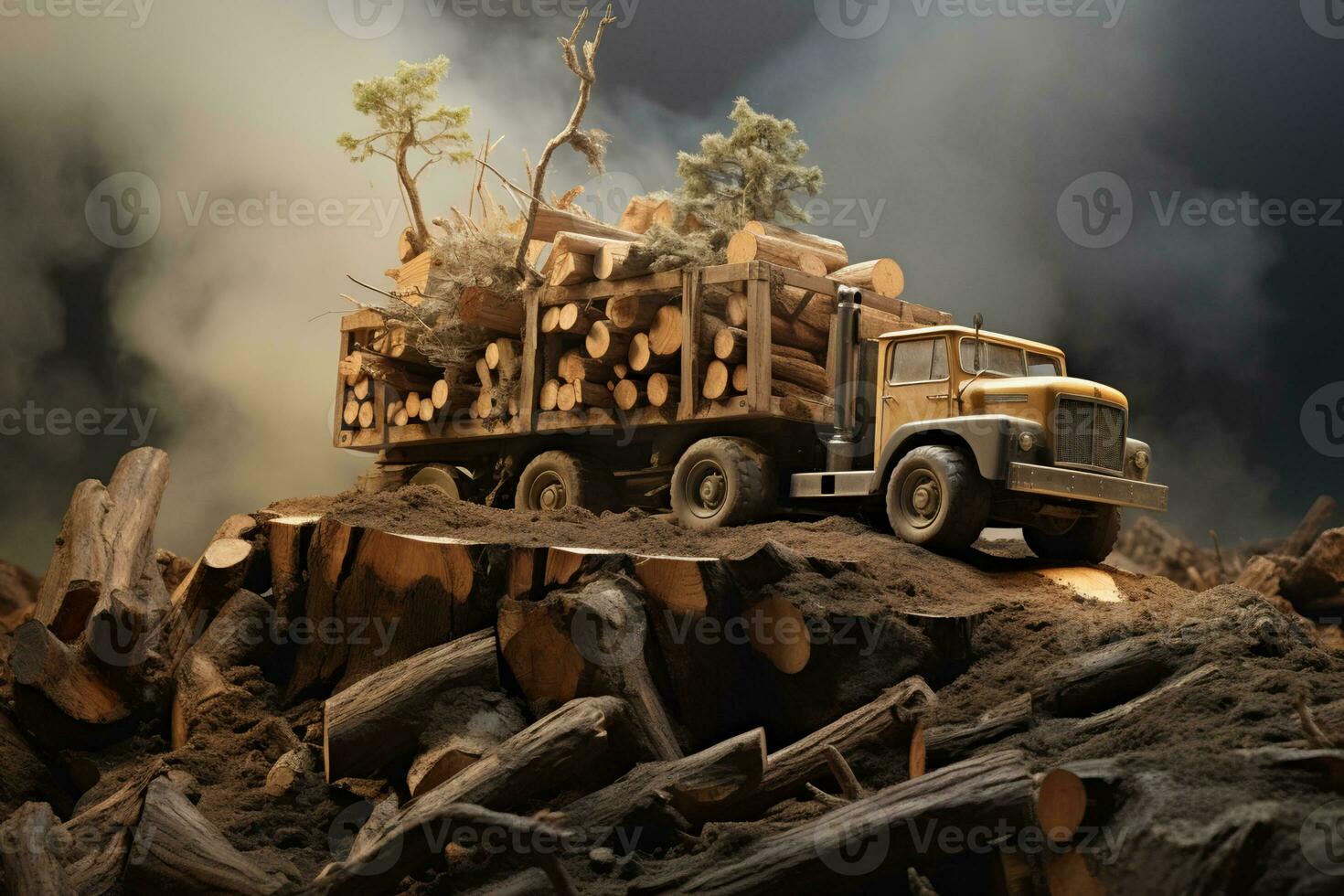 ai gegenereerd vrachtauto draag- hout logboeken foto