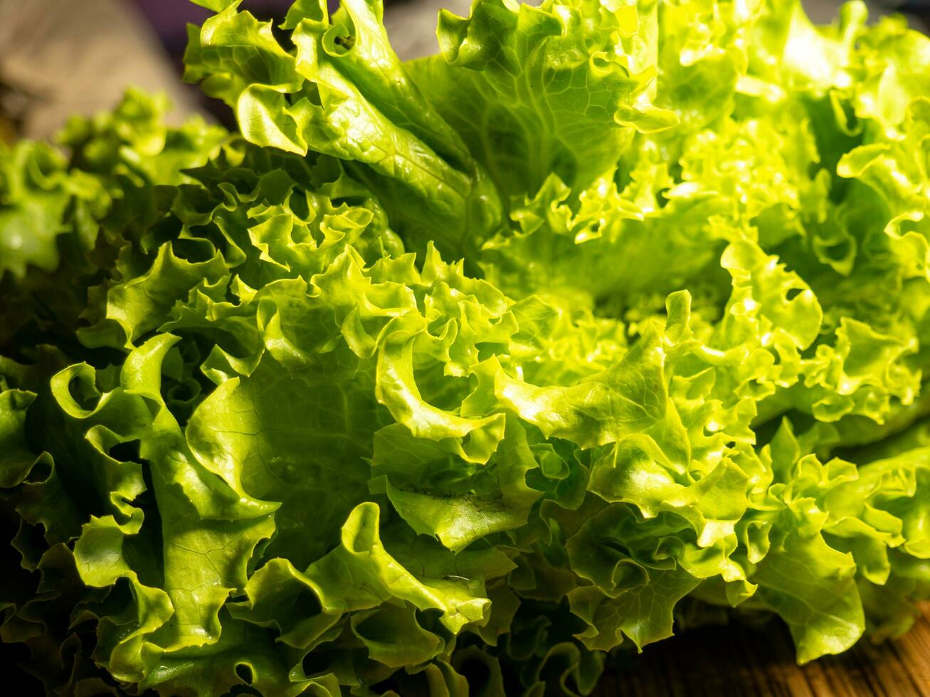 een bundel van sla bladeren Aan de tafel. Koken diner. gezond eetpatroon. voedsel in de zomer seizoen. groen in de keuken. foto