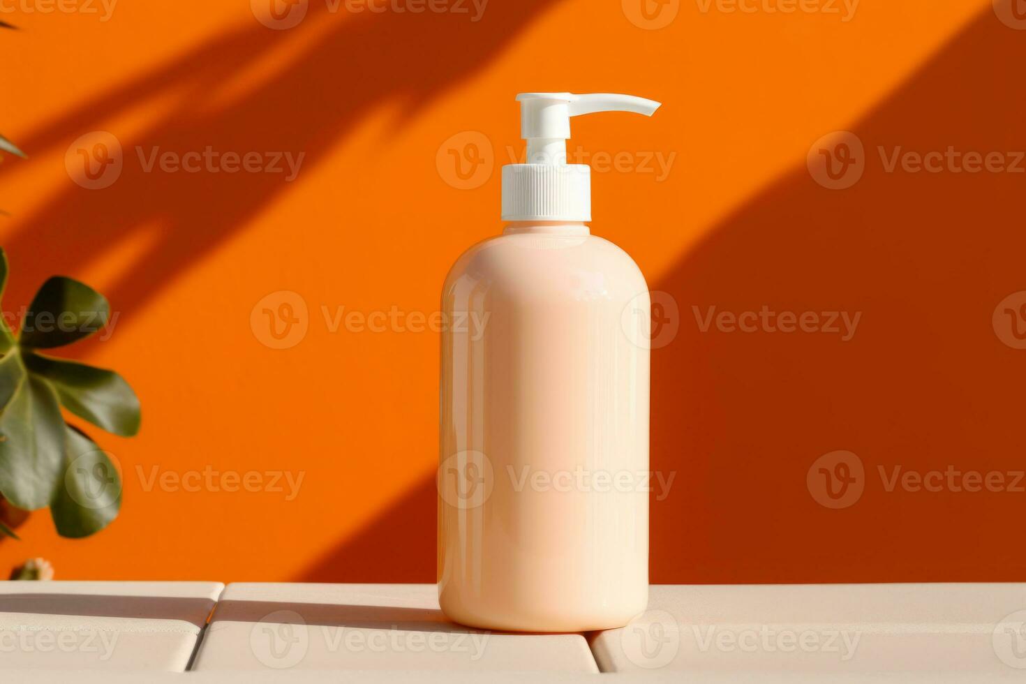 ai gegenereerd kunstmatig dispenser fles mockup met oranje elementen. generatief ai foto