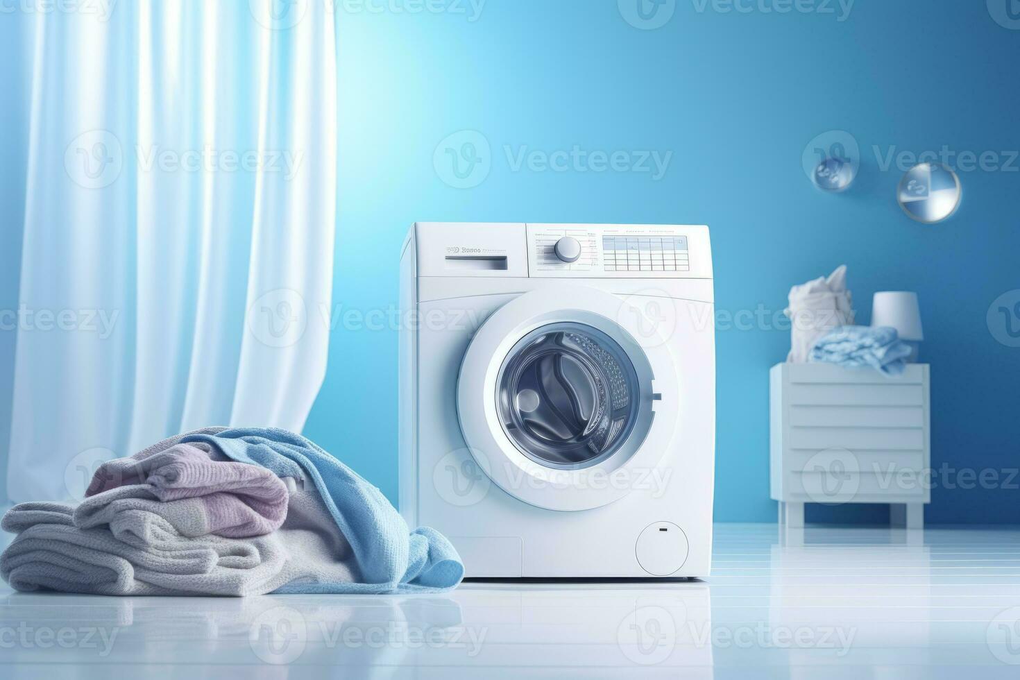 ai gegenereerd modern het wassen machine in wasserij kamer met kleren. generatief ai foto