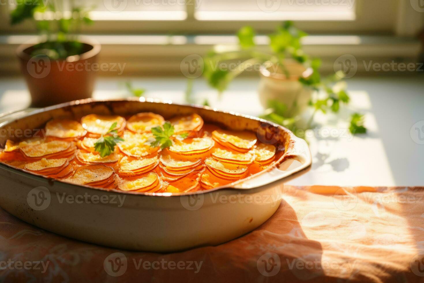 ai gegenereerd eigengemaakt romig geschulpte aardappelen gebakken in een bakken schotel met boter en room. generatief ai foto