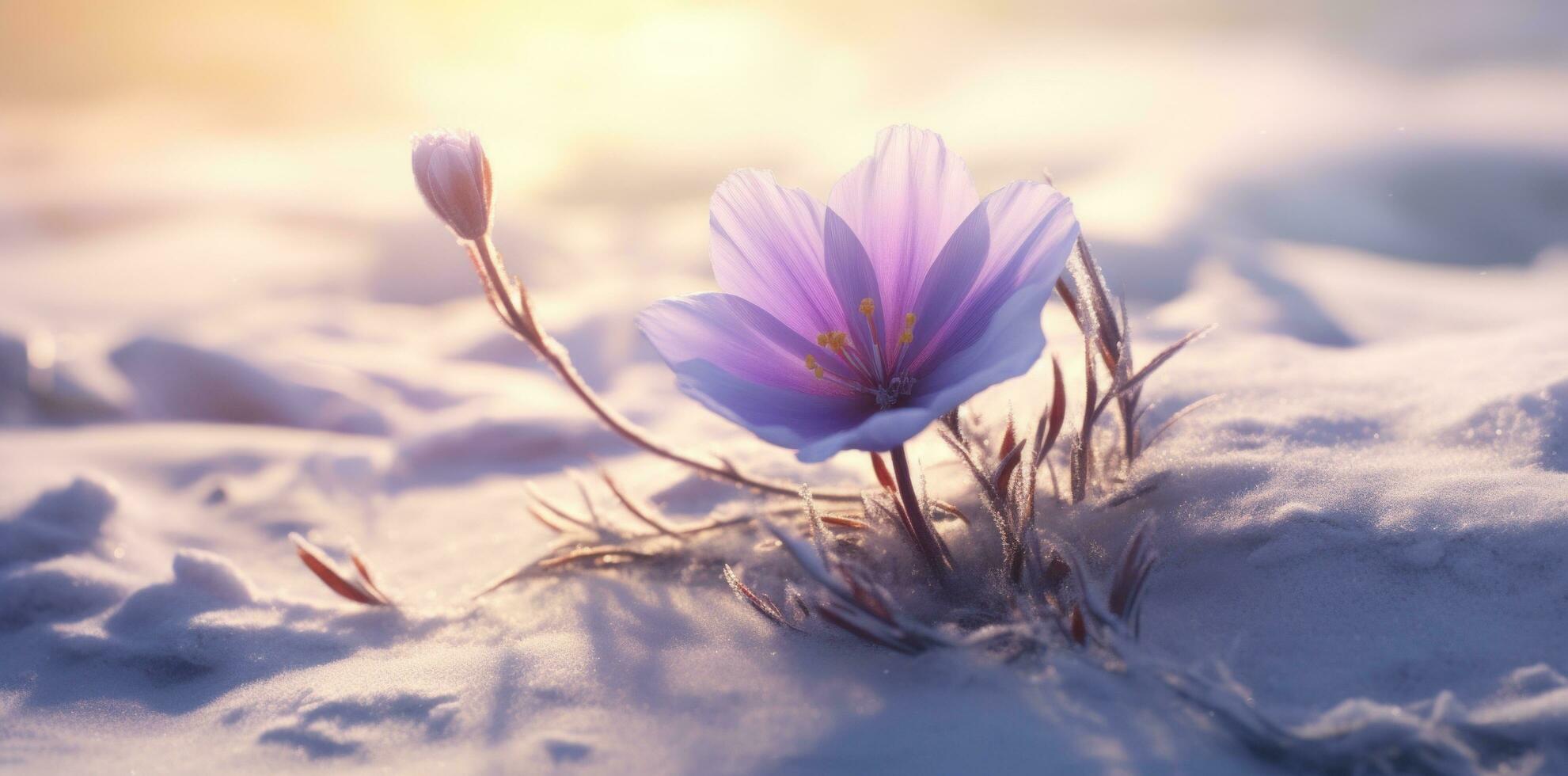 ai gegenereerd de zon balken naar beneden Aan sneeuw en een Purper bloem, foto
