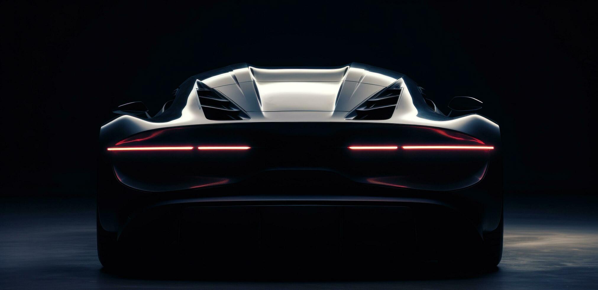 ai gegenereerd de achterzijde van een futuristische sport- auto is getoond in de donker, foto