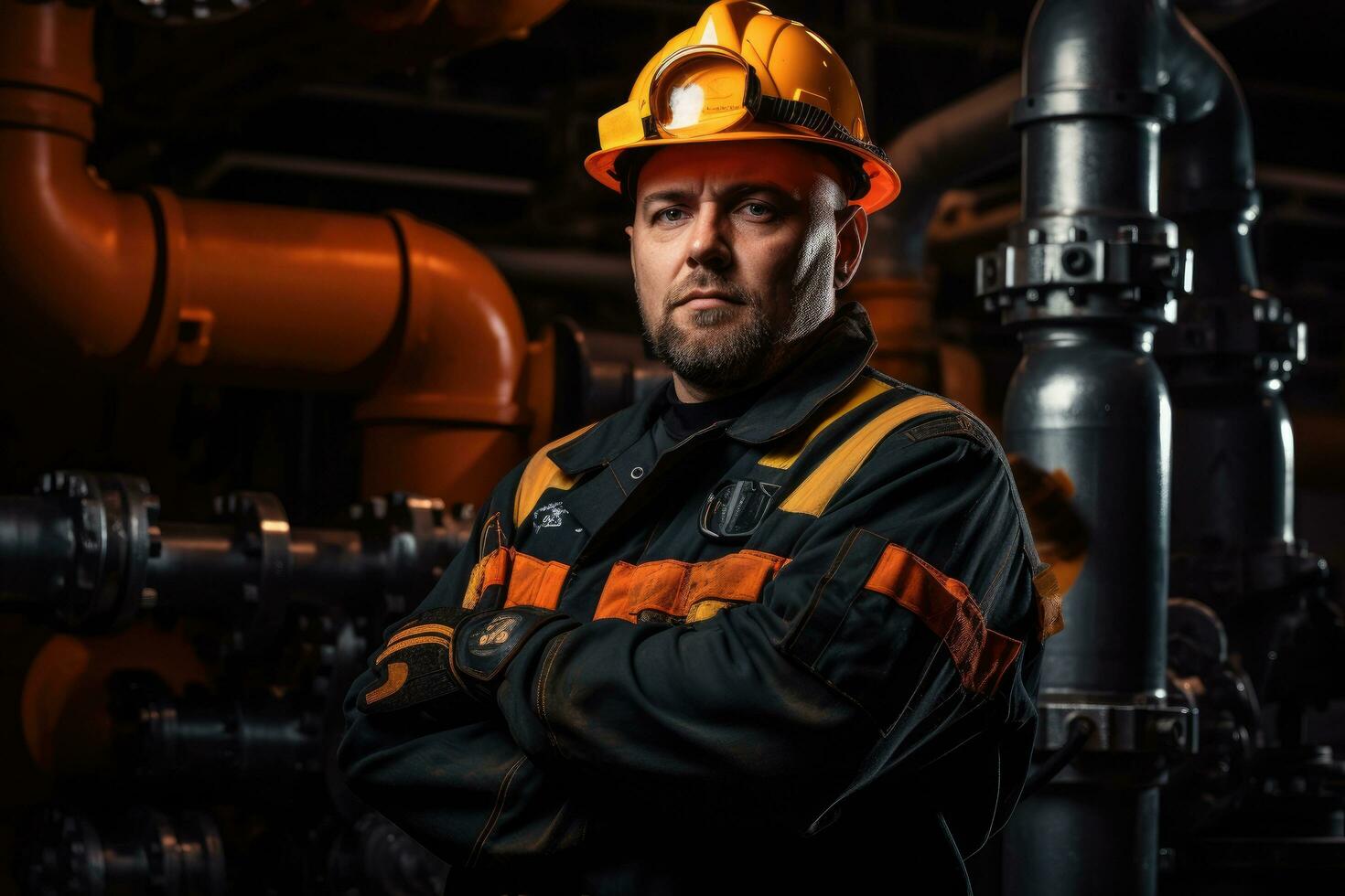 ai gegenereerd portret van een mannetje arbeider in een olie en gas- fabriek, een Mens in een uniform en een helm, in de buurt de klep van pijpen Bij een gas- mijnbouw plant, ai gegenereerd foto