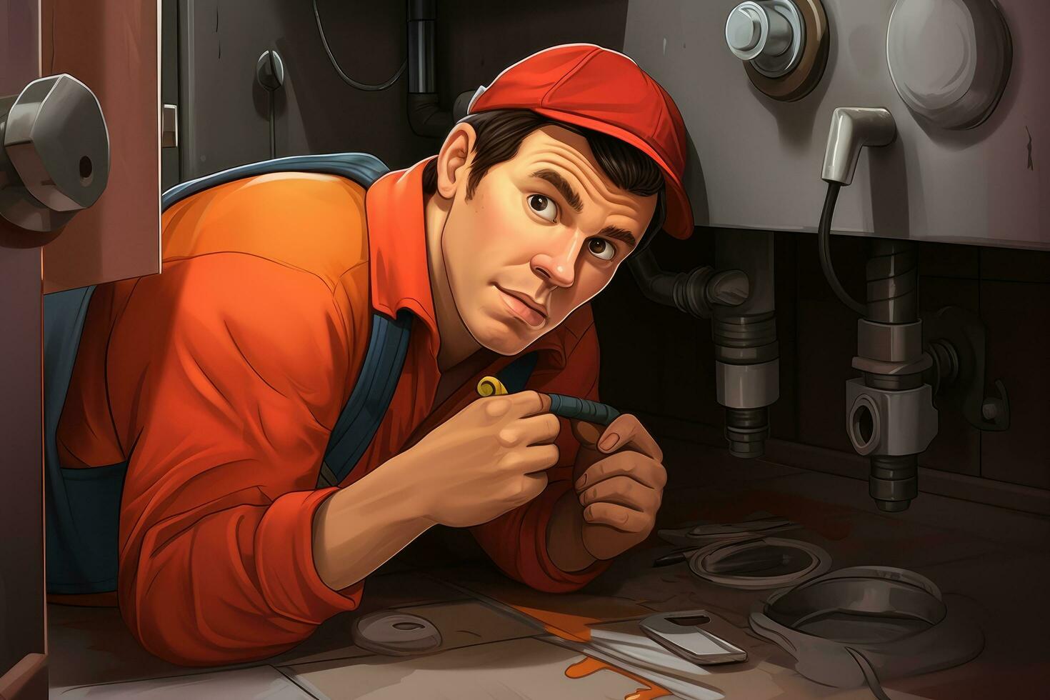 ai gegenereerd 3d illustratie van een loodgieter repareren een pijp in de keuken, een mannetje loodgieter reparaties een pijpleiding of afvoer onder de wasbak, ai gegenereerd foto