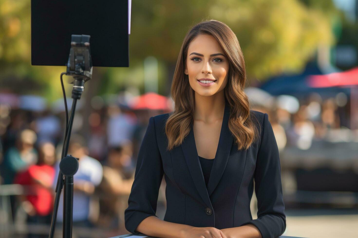 ai gegenereerd portret van een mooi jong vrouw in een bedrijf pak met een microfoon Aan de straat, een vrouw TV verslaggever presenteren de nieuws buitenshuis, ai gegenereerd foto