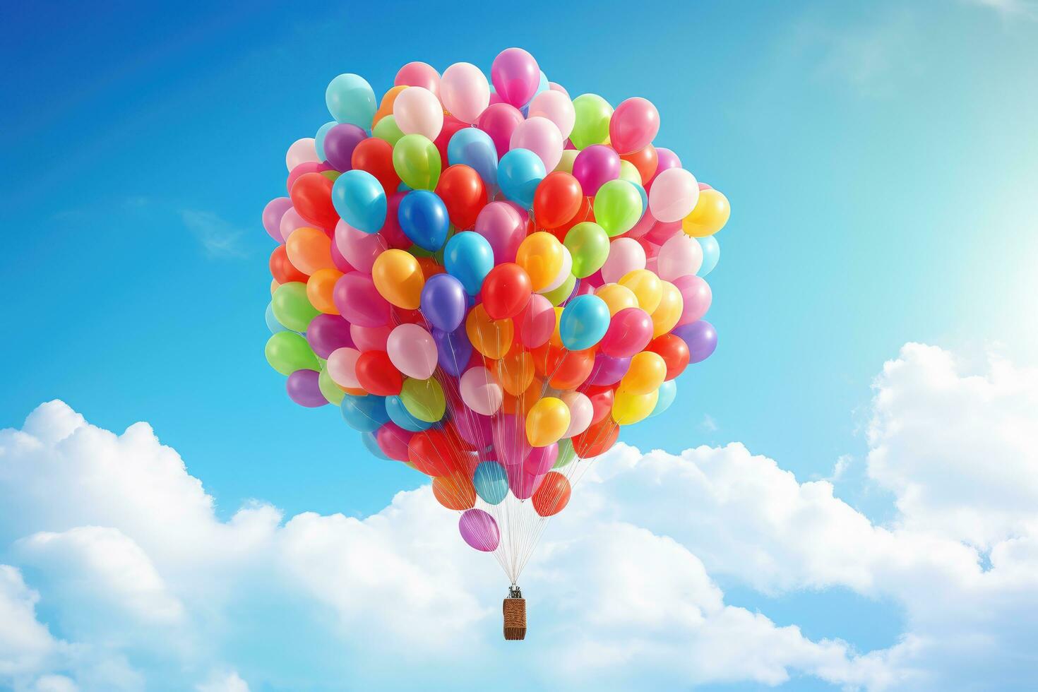 ai gegenereerd kleurrijk ballonnen vliegend in de blauw lucht met wit wolken. 3d weergave, een kleurrijk bundel van ballonnen drijvend in de lucht, ai gegenereerd foto