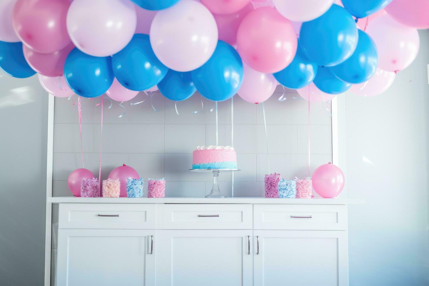 ai gegenereerd verjaardag taart met kleurrijk ballonnen decoratie in leven kamer interieur - wijnoogst licht filter, een kleurrijk geslacht onthullen met roze en blauw ballonnen Aan een tafel, ai gegenereerd foto