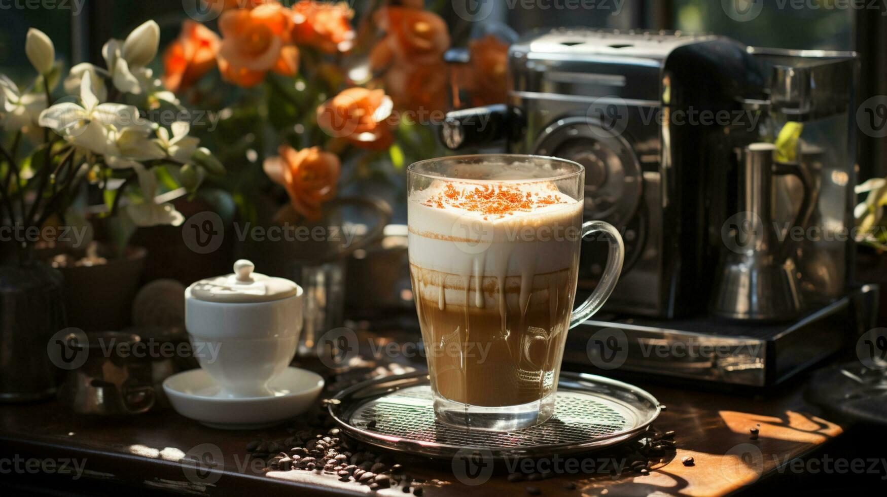 ai gegenereerd ochtend- harmonie, perfect cappuccino en gouden bonen in de warm licht van de koffie machine. generatief ai, foto