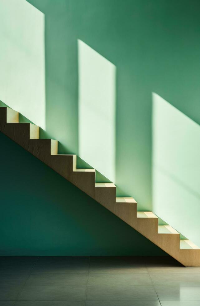 ai gegenereerd een houten trappenhuis met een groen poster in de buurt de trap, foto