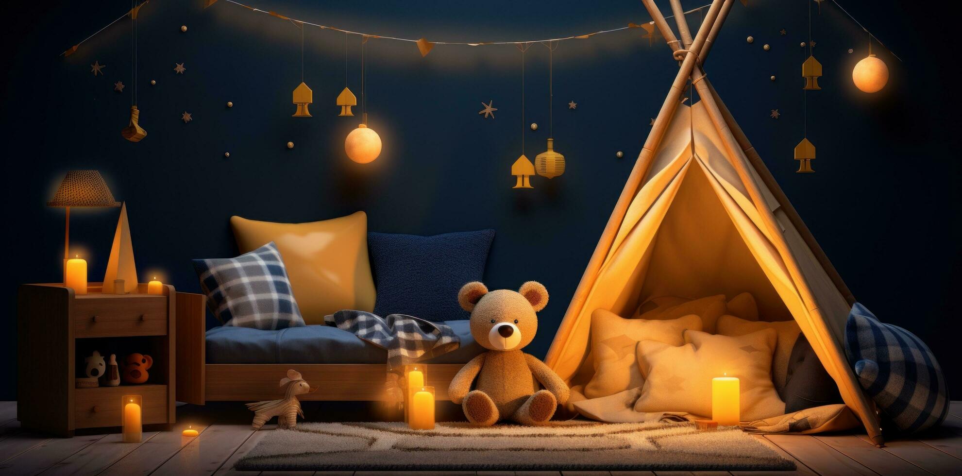 ai gegenereerd een schattig jong jongens kamer met een tipi, couches en beren, foto