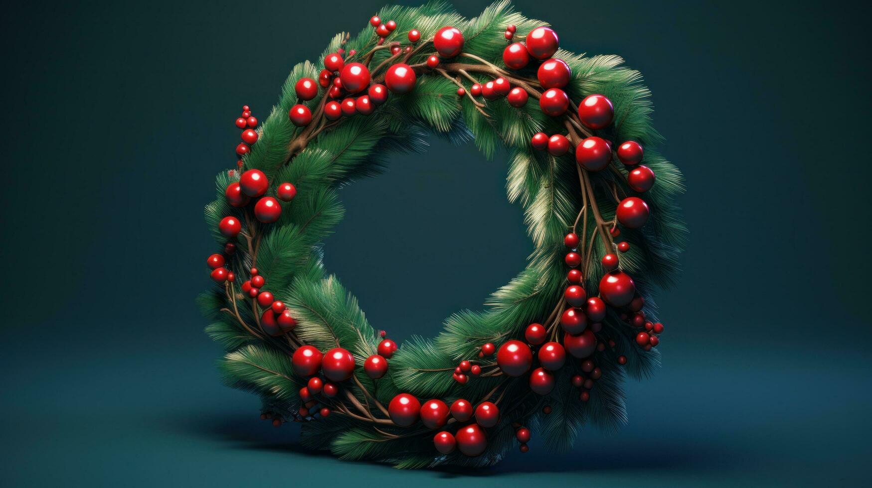 ai gegenereerd een Kerstmis krans in een het formulier van een Kerstmis ring Aan groen achtergrond, foto