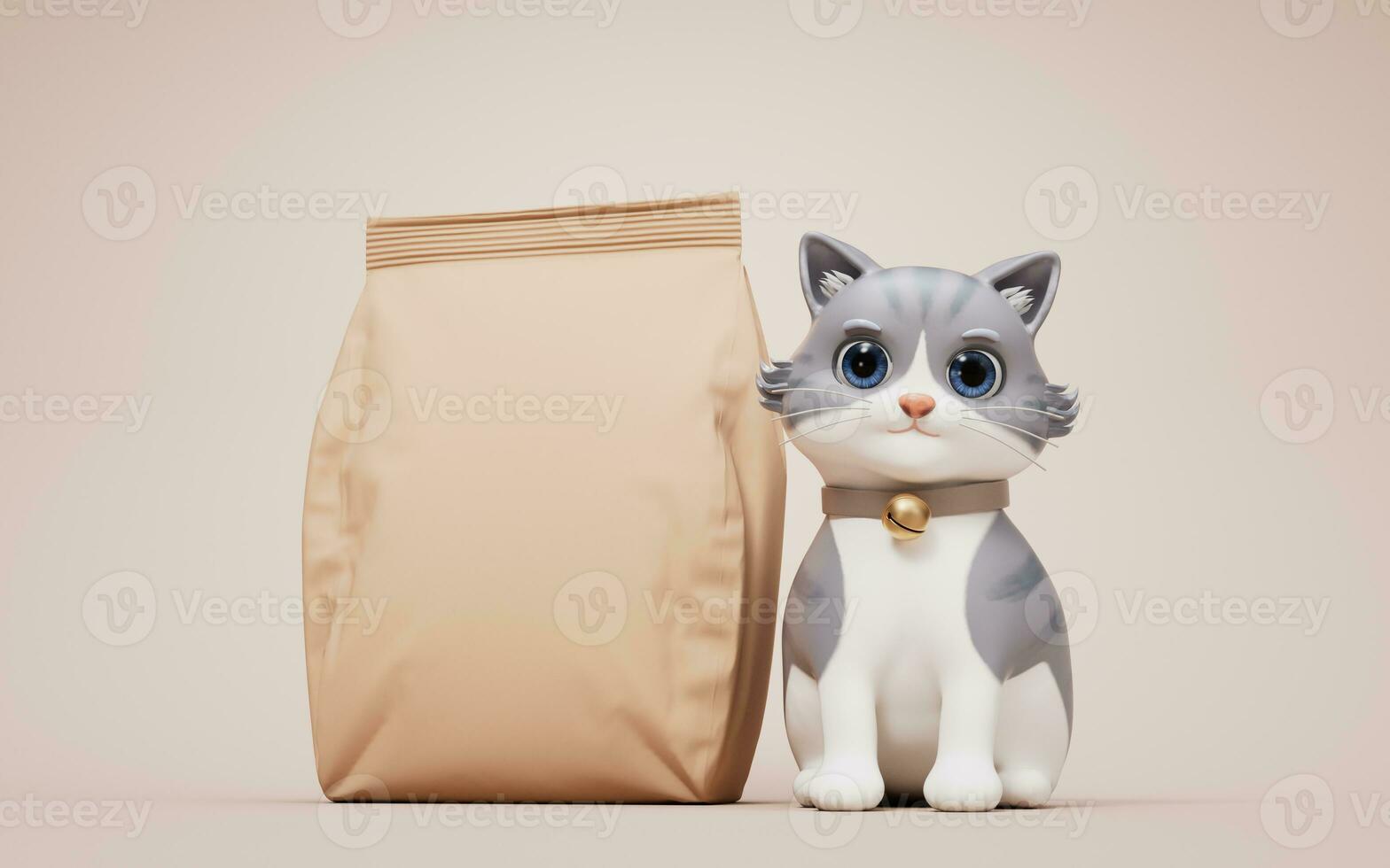 3d tekenfilm stijl schattig kat en huisdier voedsel tas, 3d weergave. foto