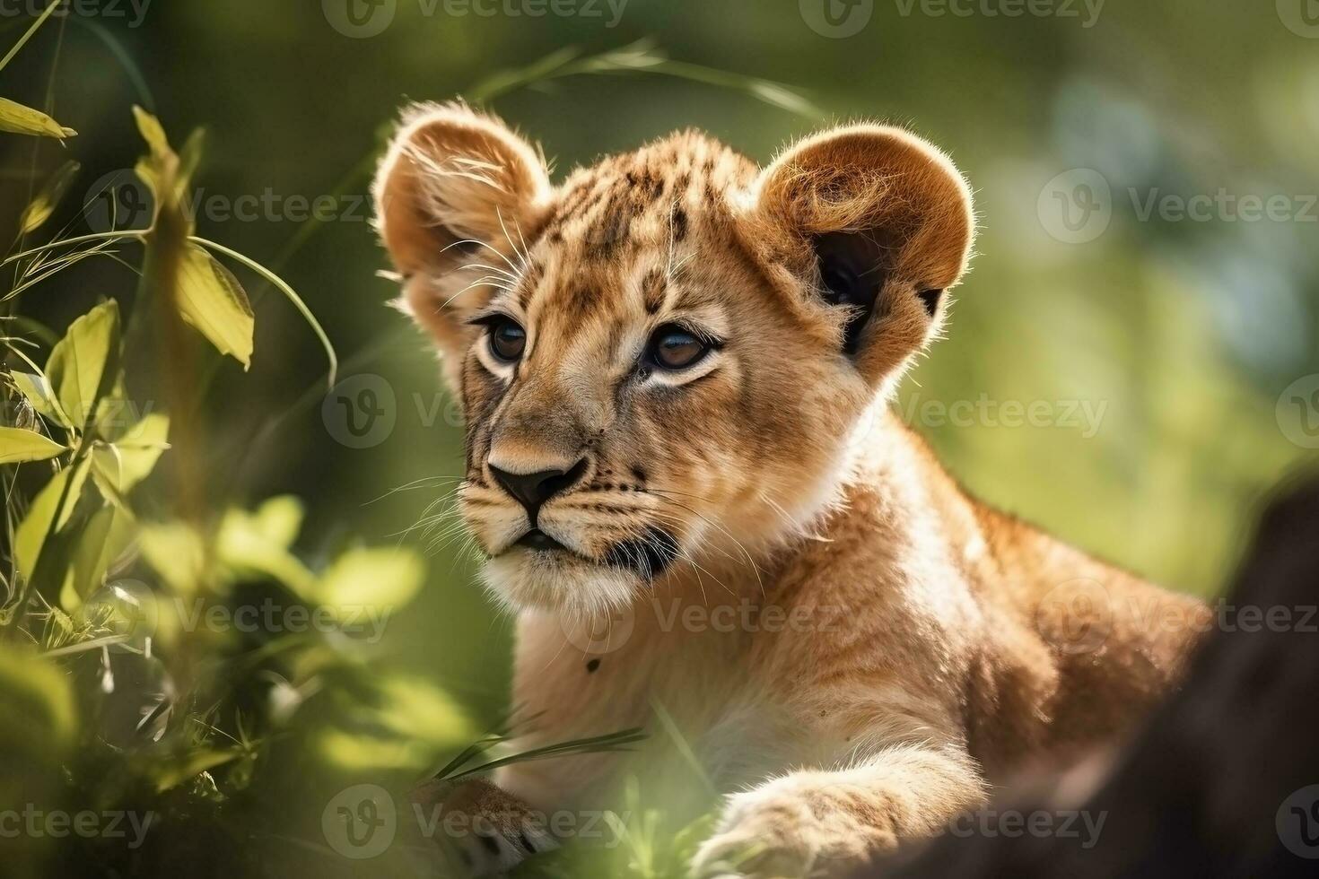 ai gegenereerd leeuw welp in natuur Aan zomer Woud achtergrond. detailopname dier portret. ai gegenereerd foto