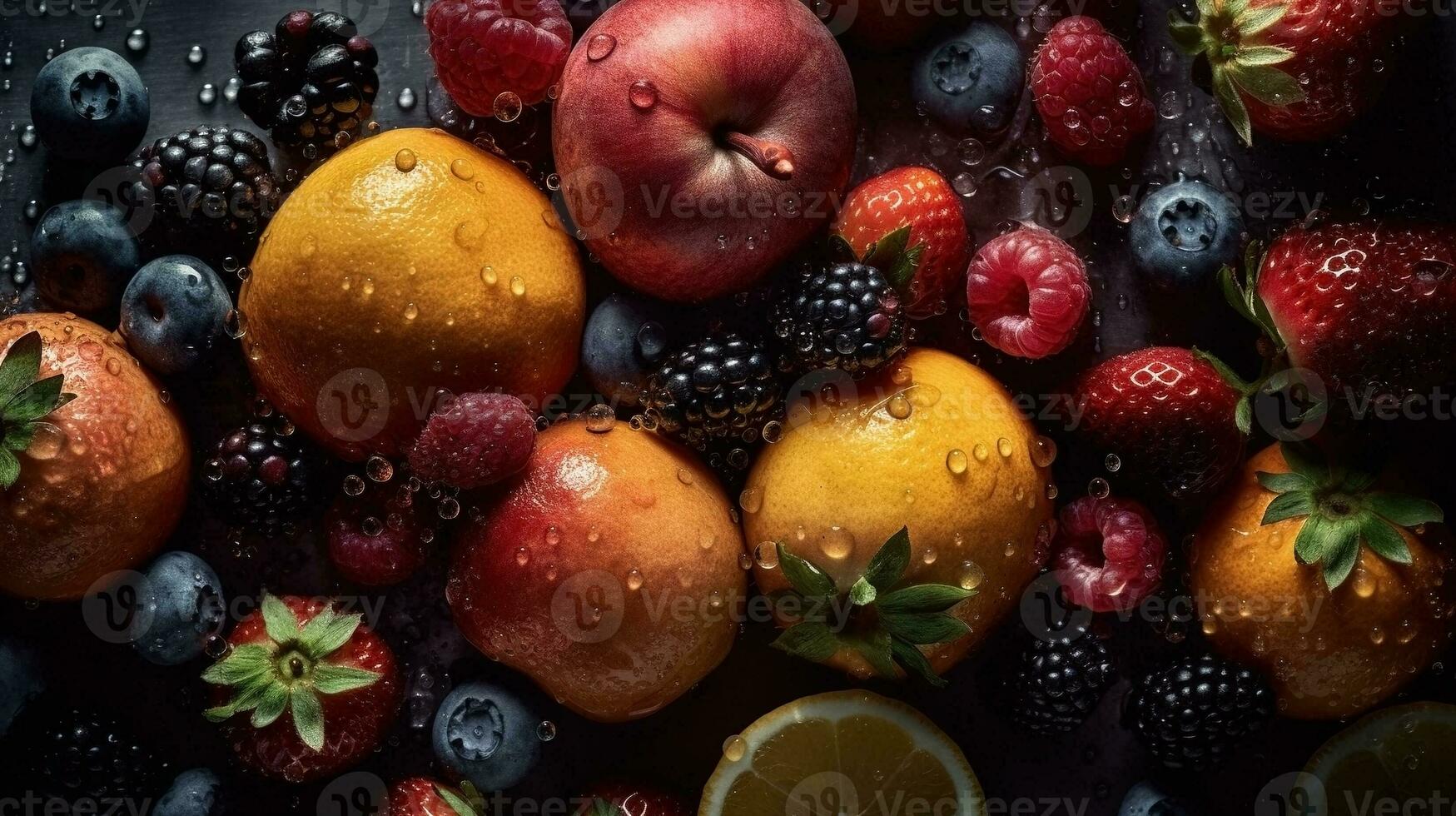 ai gegenereerd detailopname van vers fruit met water druppels Aan donker achtergrond. gezond voedsel concept foto