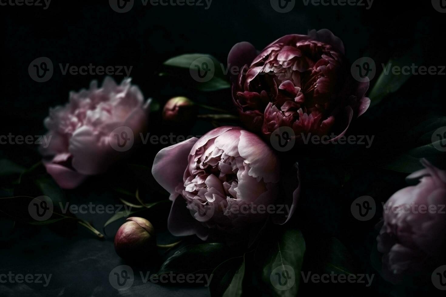 ai gegenereerd pioenen donker humeurig romantisch achtergrond. detailopname bloemen kaart achtergrond. ai gegenereerd foto